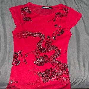 CoolWear 90s Style Y2K Dragon Floral Mesh Top